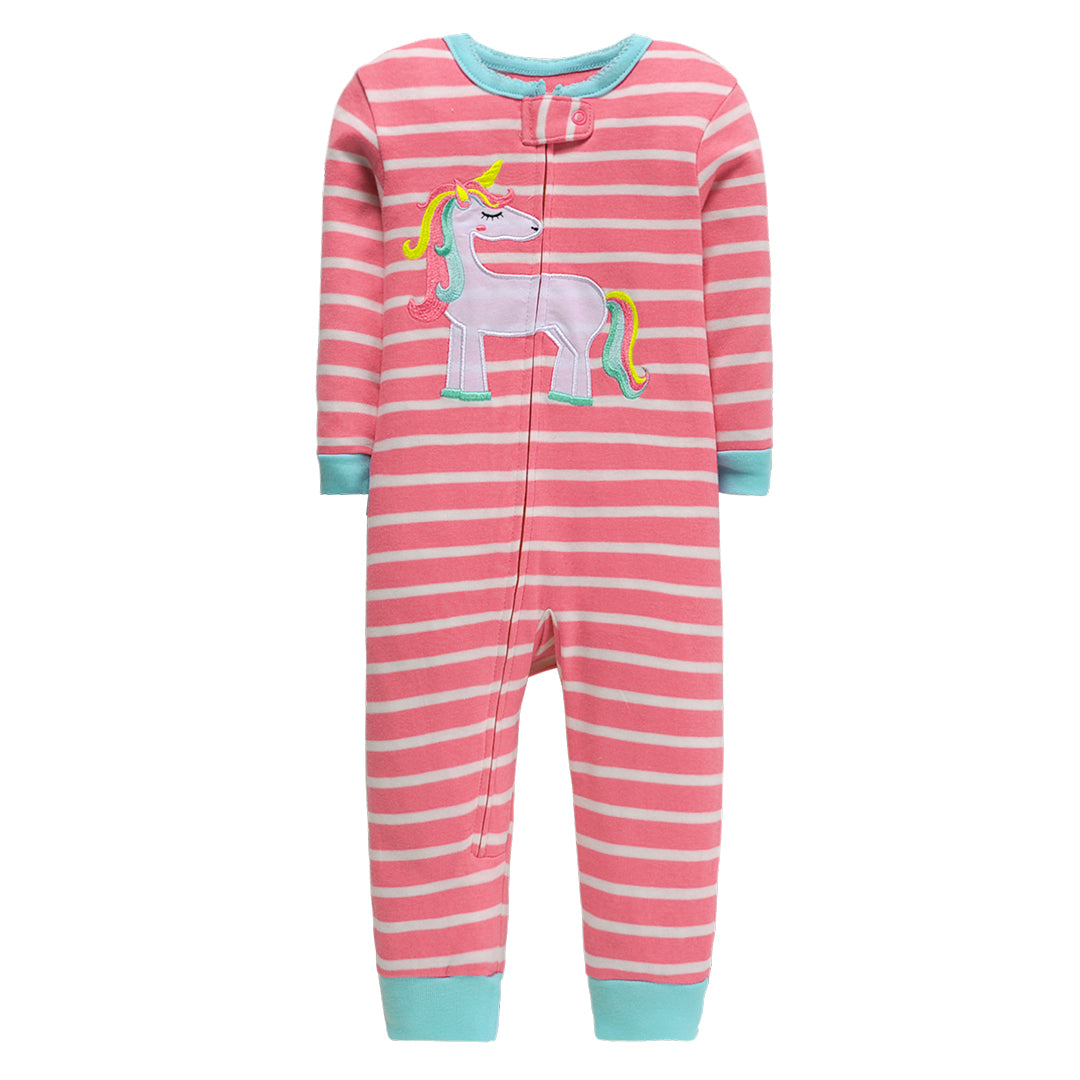 Pijama de algodón rosado a rayas "Unicornio" con cierre