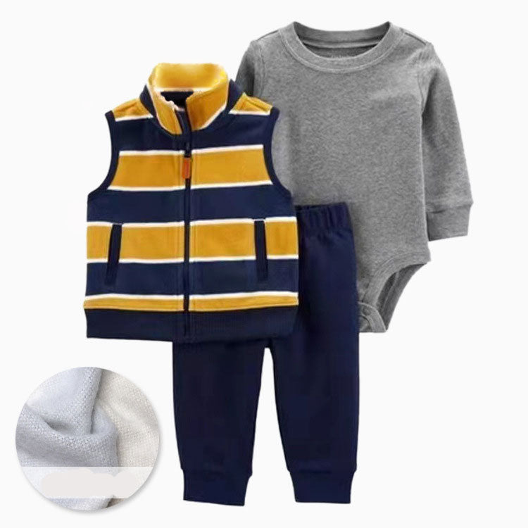 Set de 3 piezas afelpado "Rayado azul y amarillo": Pantalón, Chaleco y Body de manga larga