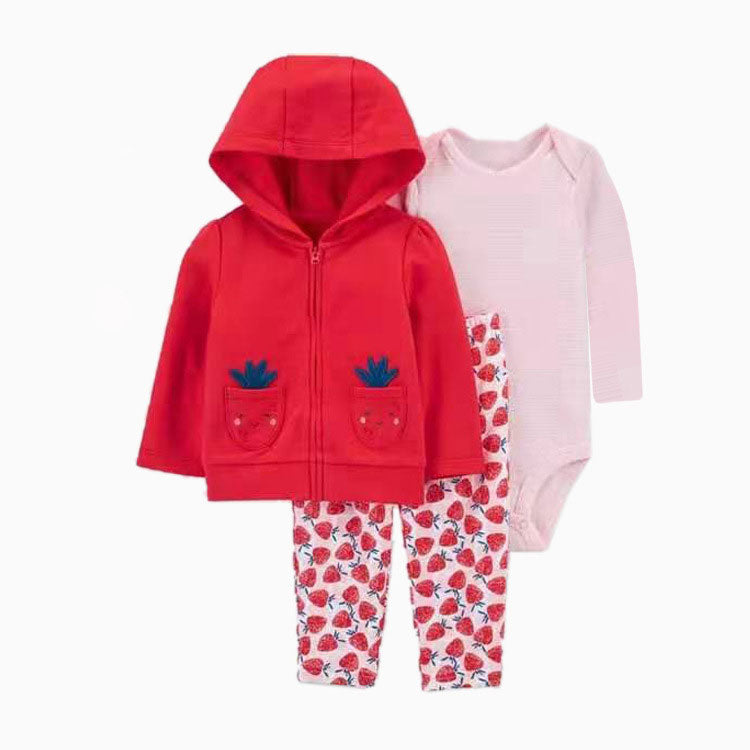 Set de 3 piezas "Frutillitas": Pantalón, Campera y Body de manga larga
