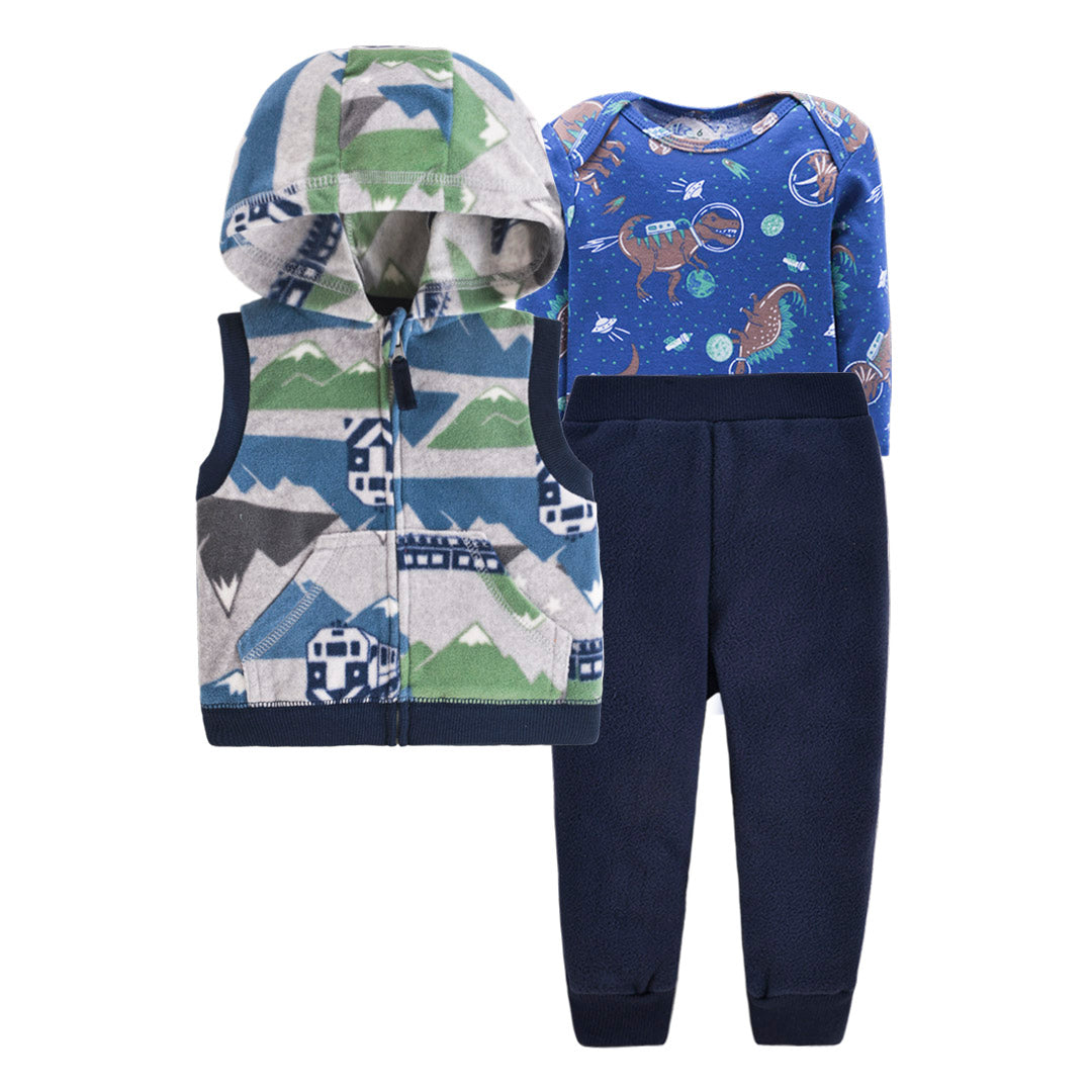 Set de 3 piezas "Montañas": Pantalón, Chaleco y Body de manga larga micropolar
