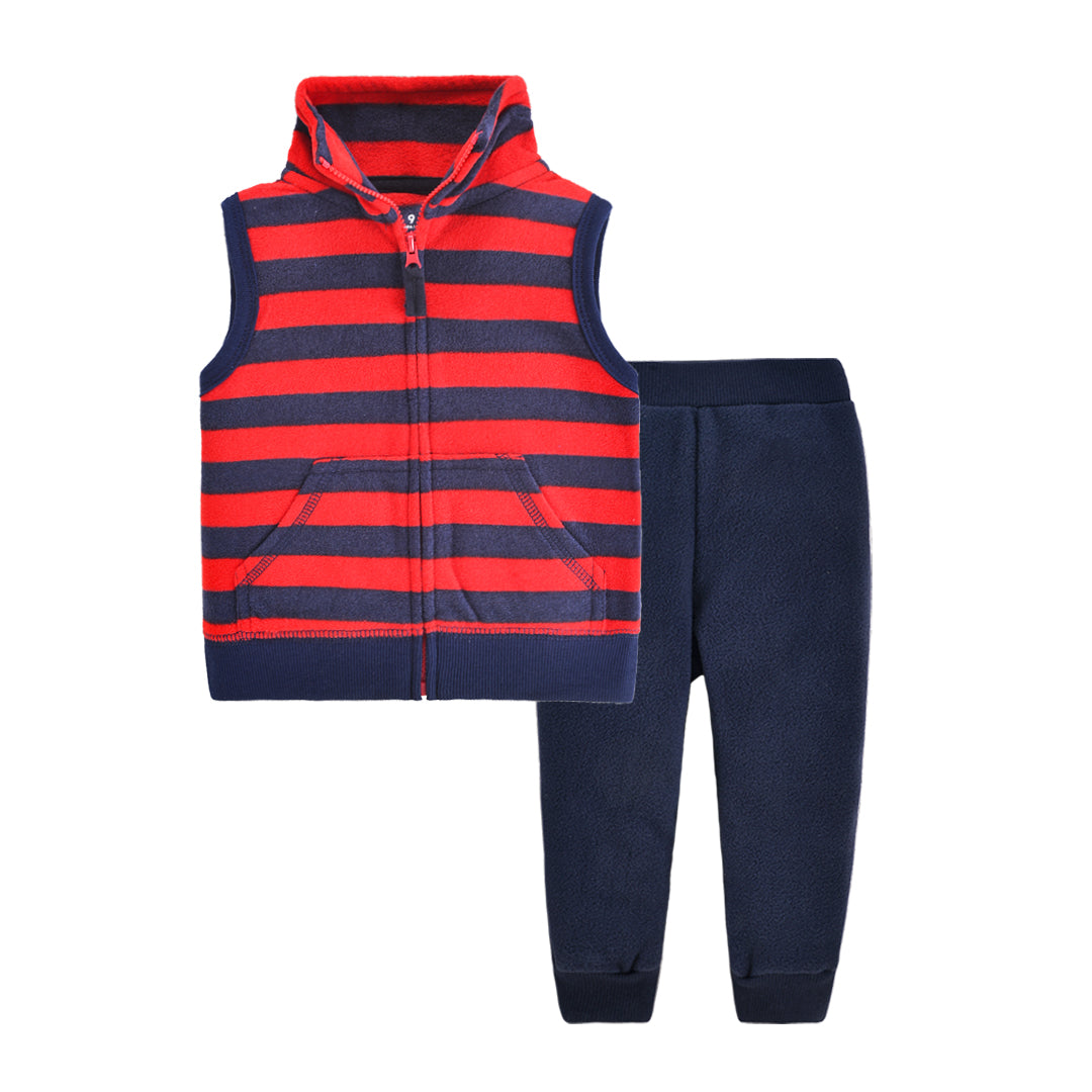 Set de 2 piezas micropolar "Rayado": Pantalón y Chaleco Rojo y Azul