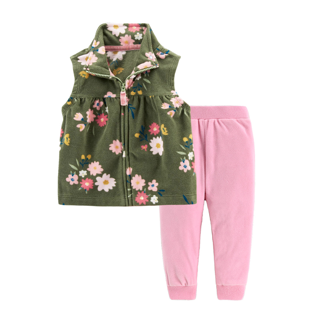 Set de 2 piezas micropolar "Flores rosa": Pantalón y Chaleco