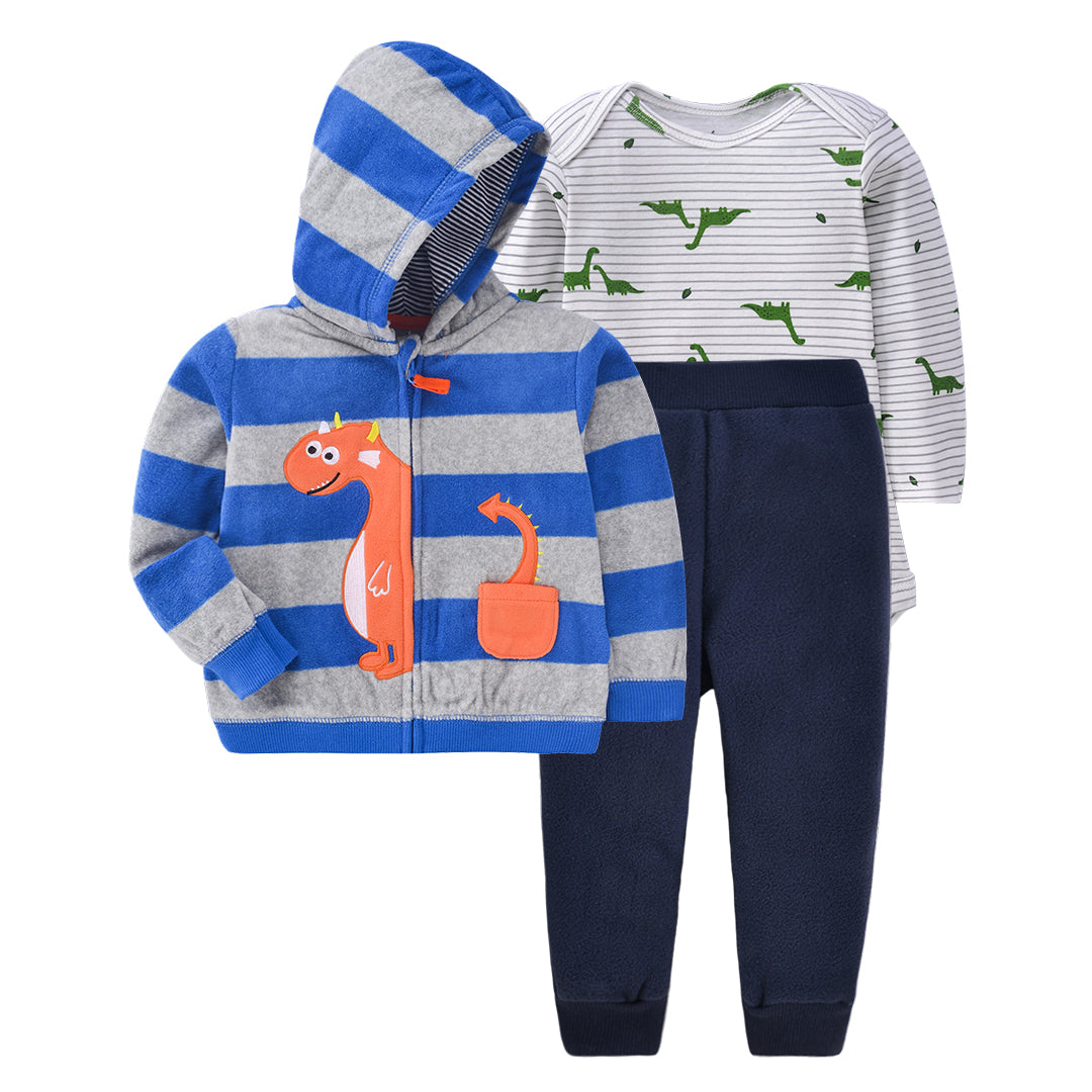 Set de 3 piezas polar "Dino naranja": Pantalón, Campera y Body de manga larga