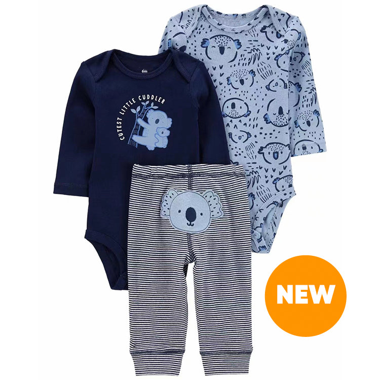Set 3 piezas "Koala Celeste": Pantalón, Body de manga larga y manga corta