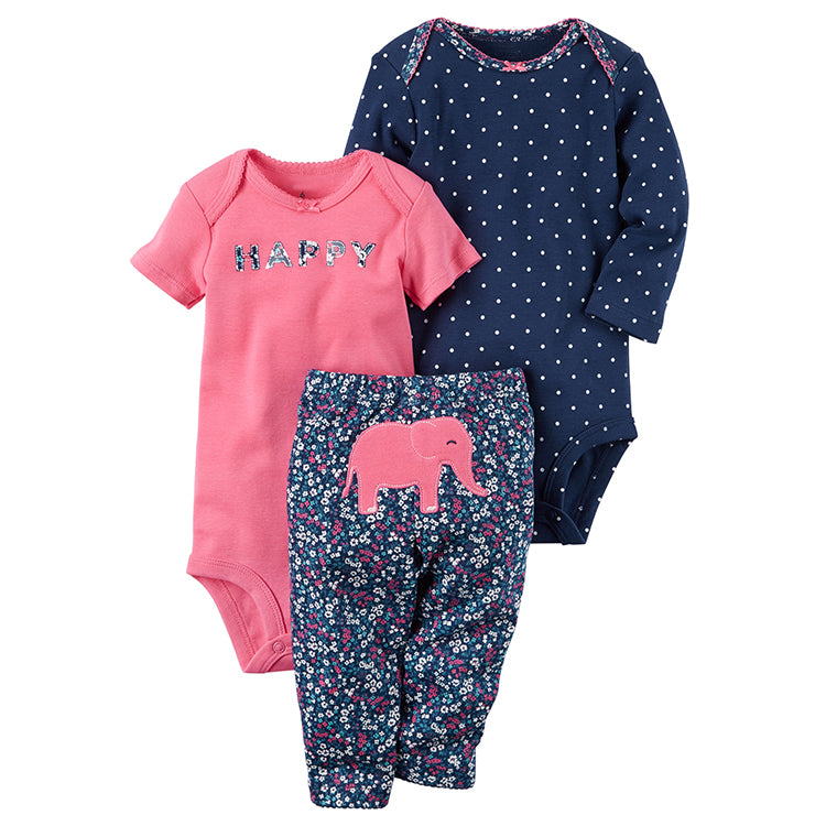 Set 3 piezas "Elefante Rosa": Pantalón, Body de manga larga y manga corta