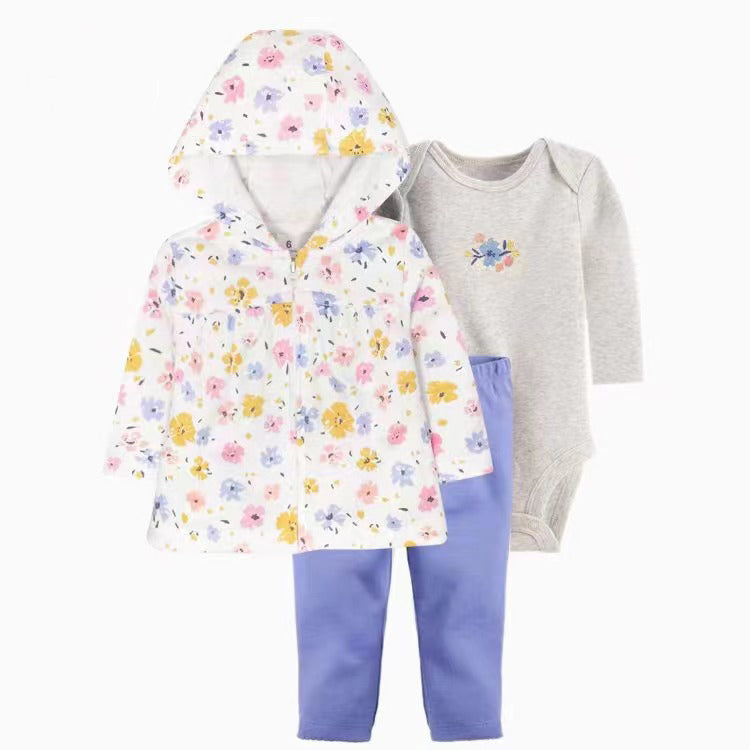 Set de 3 piezas "Flores": Pantalón, Campera y Body de manga larga