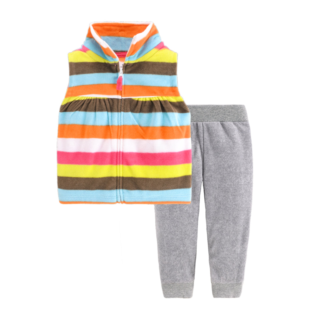 Set de 2 piezas micropolar "Rayado": Pantalón y Chaleco con naranja