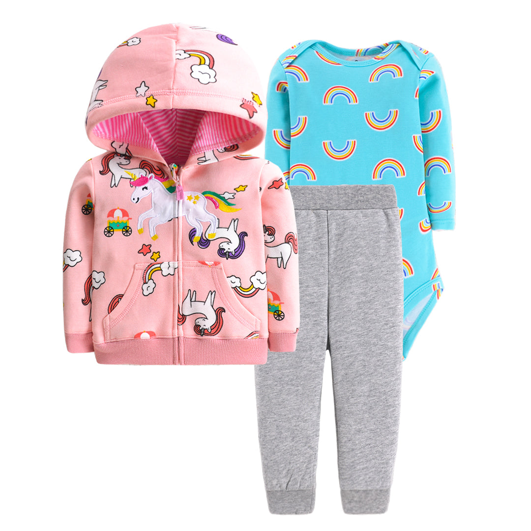 Set de 3 piezas "Unicornios y arco iris": Pantalón, Campera y Body de manga larga