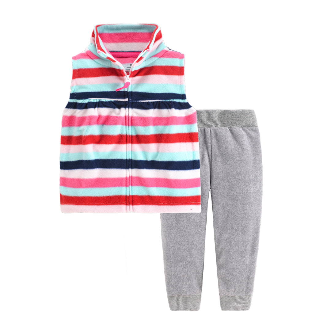 Set de 2 piezas micropolar "Rayado": Pantalón y Chaleco Rosa y Celeste