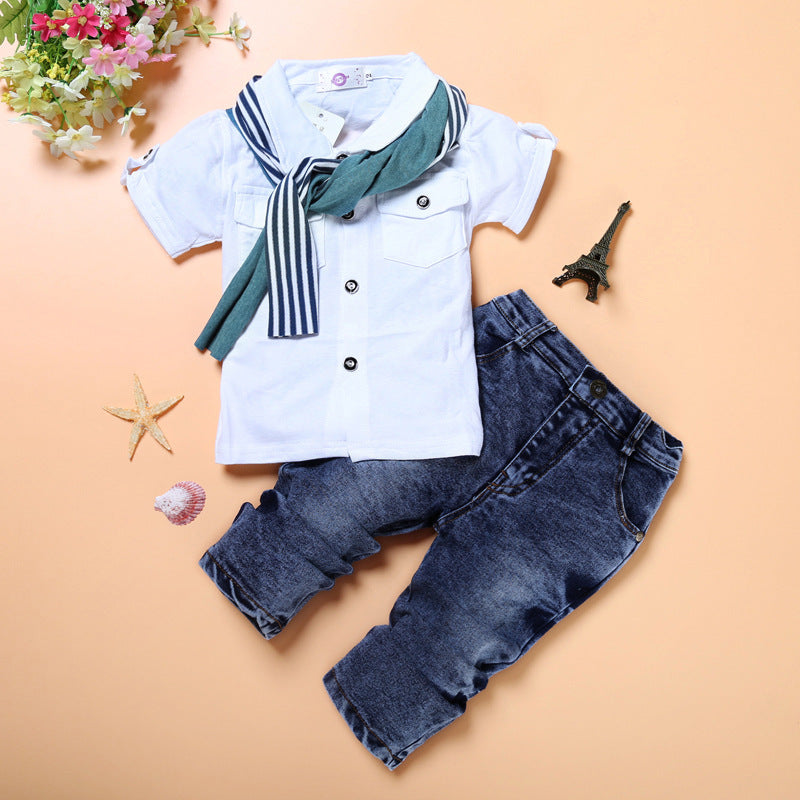 Conjunto de 3 piezas: jean, camisa y cuellito