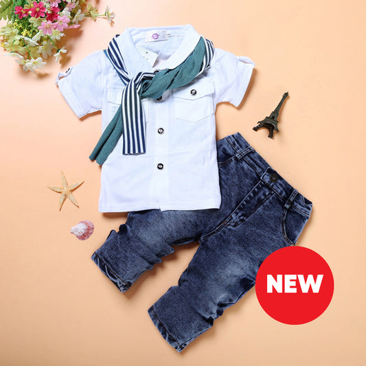 Conjunto de 3 piezas: jean, camisa y cuellito