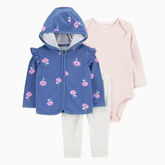 Set de 3 piezas "Flores rosa": Pantalón, Chaleco y Body de manga larga
