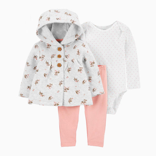 Set de 3 piezas "Flores rosa": Pantalón, Chaleco y Body de manga larga