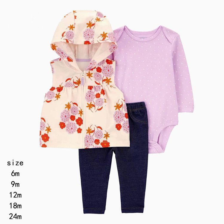 Set de 3 piezas "Floral": Pantalón, Chaleco y Body de manga larga