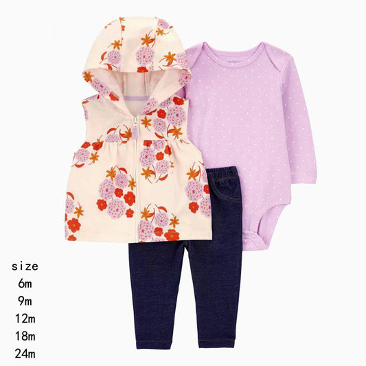 Set de 3 piezas "Floral": Pantalón, Chaleco y Body de manga larga