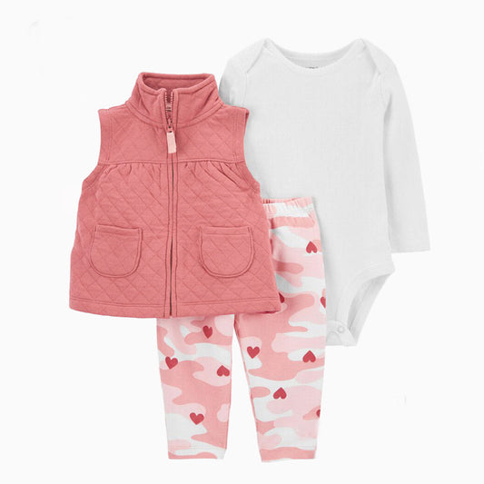 Set de 3 piezas afelpado “Camuflado Rosa”: Pantalón, Chaleco y Body de manga larga